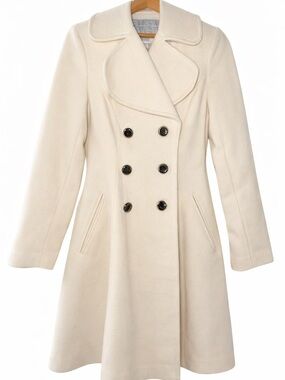 Jessica Simpson Cream Wool Blend Coat | Double Breasted Fit & Flare Peacoat Sm